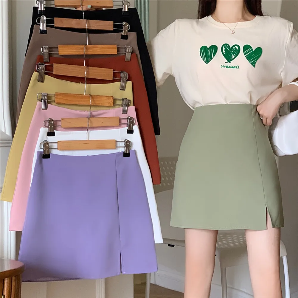 

Japanese Fashion College Girls Mini Skirt with Split at Hem High Waist Candy Color Cute High Waist Lady Skirts Summer Design