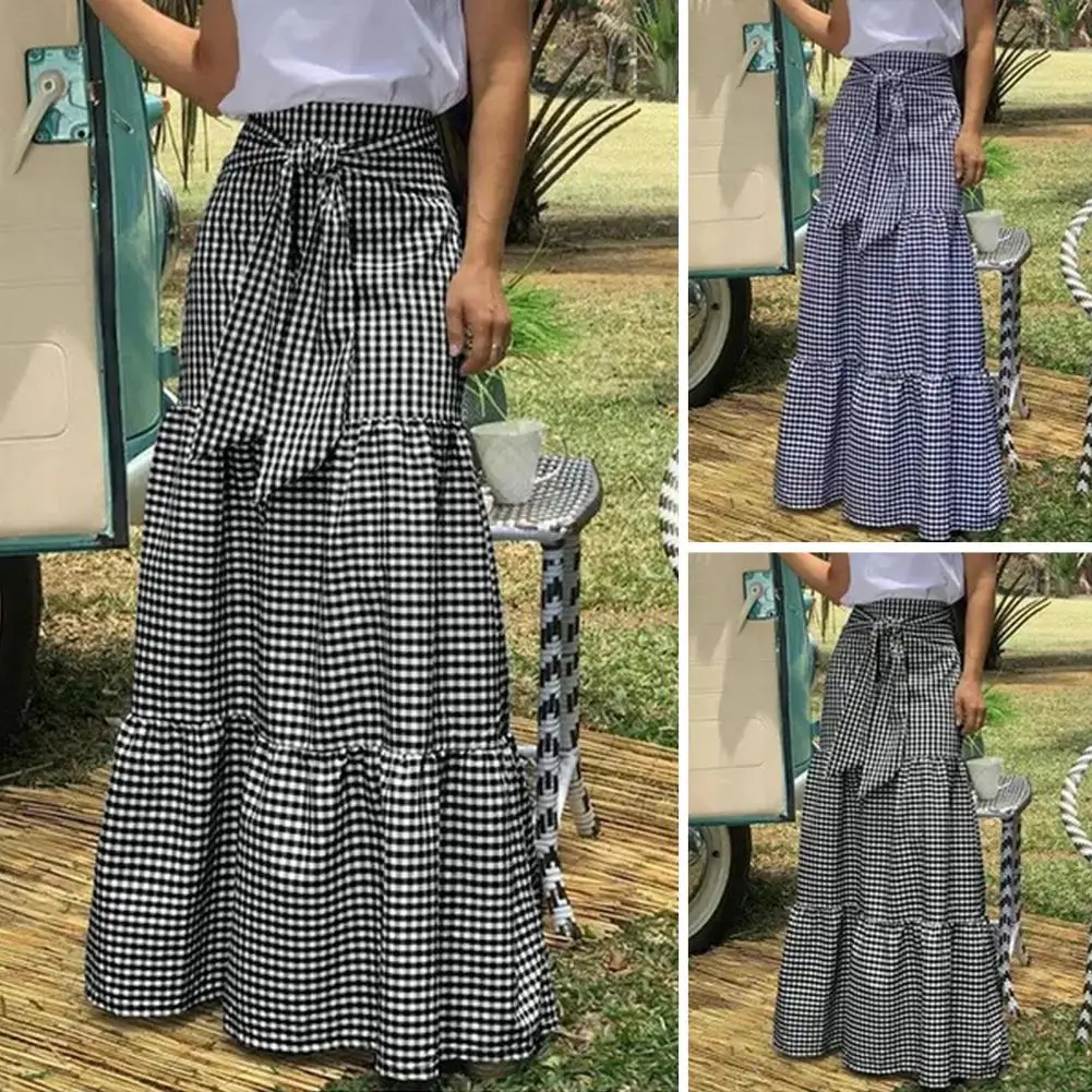 

High-waist Plaid Skirt Plaid Print Maxi Skirt with High Elastic Waist Lace-up Detail A-line Big Swing Patchwork Design for Women