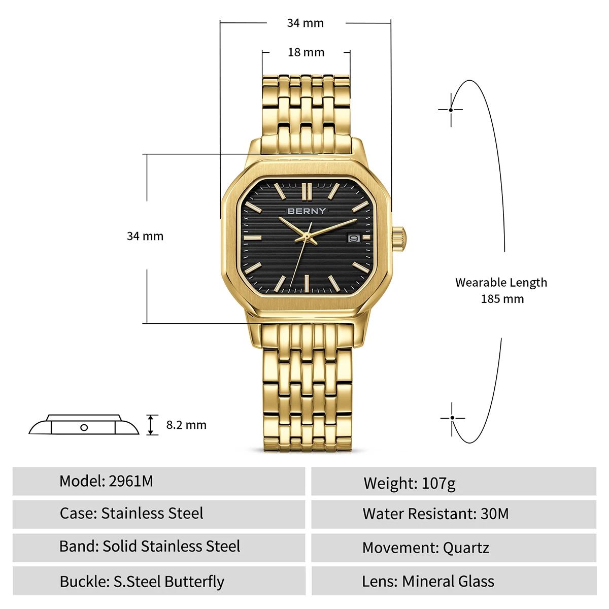 BERNY Luxusuhren für Herren, Datumsanzeige, leuchtender Quarz, goldene Herrenuhr, modische, elegante Business-Armbanduhr mit rechteckigem Zifferblatt – Detail 6
