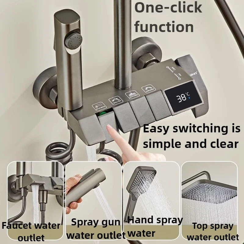 Aircraft Carrier Alloy Shower Shower Set Household Bathroom Piano Button Pressurized Nozzle Shower Set with Digital Display 3