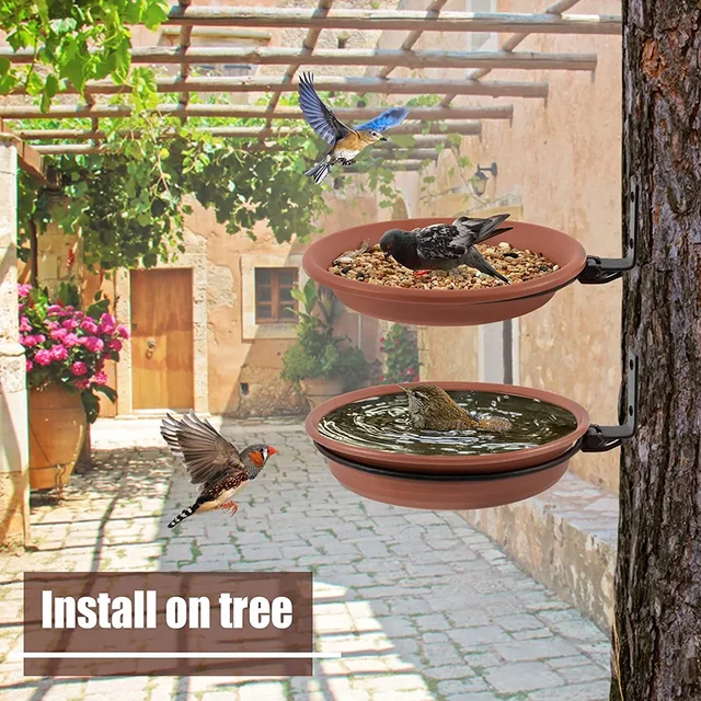 2 layer Bird Feeding Trays Wall Hanging Tree Mounted Bird Bath Spa Foldable Multifunctional Feeders for Garden Balcony Railing 4