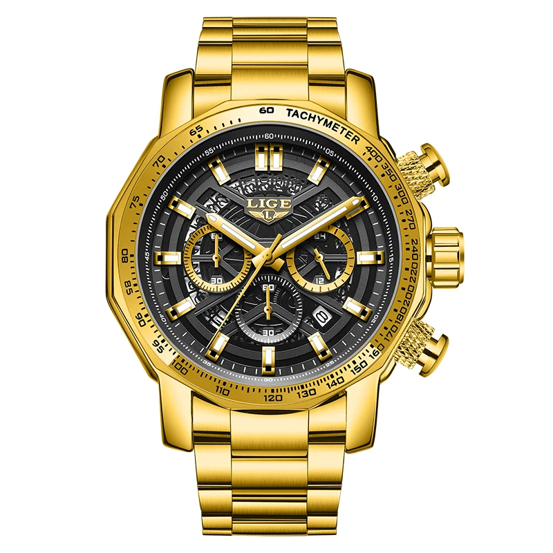 LIGE Luxury Gold Chronograph Men's Wristwatch