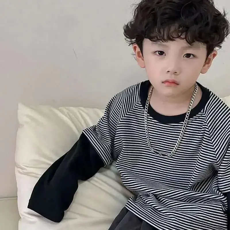 한국 스타일 스트라이프 스플라이싱 긴팔 셔츠 가을 겨울 남아 베이스 셔츠 아우터 아동 캐주얼 라이트 탑