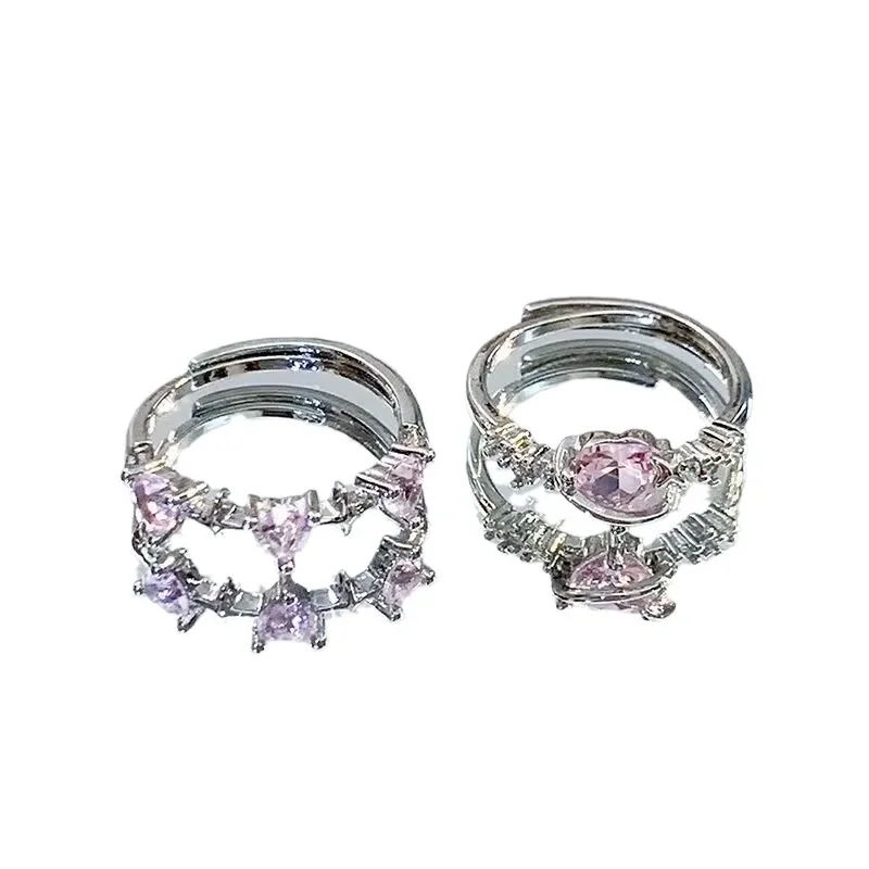 Fashion Pink Heart Crystal Heart Rings Women Y2K Elegant Rhinestone Light Luxury Exquisite Bow Knot Finger Ring Jewelry Gifts