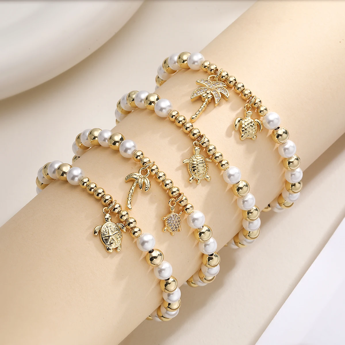 NEWBUY جديد وصول تقليد حبات اللؤلؤ أساور الذهب اللون السلاحف شجرة جوز الهند مجوهرات فام بيجو