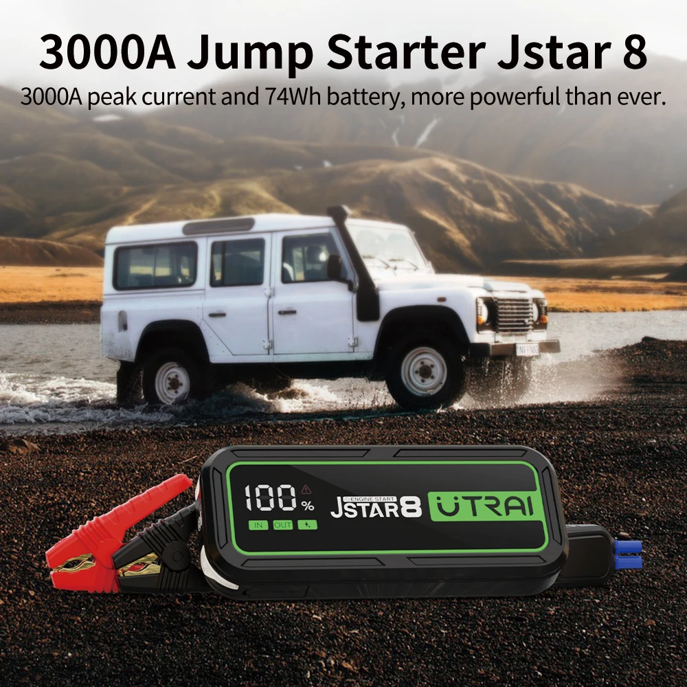 UTRAI 3000A Jump Starter Power Bank Battery Portable Charger 10W Wireless Charging LCD Screen Safety Hammer Car Starting Device
