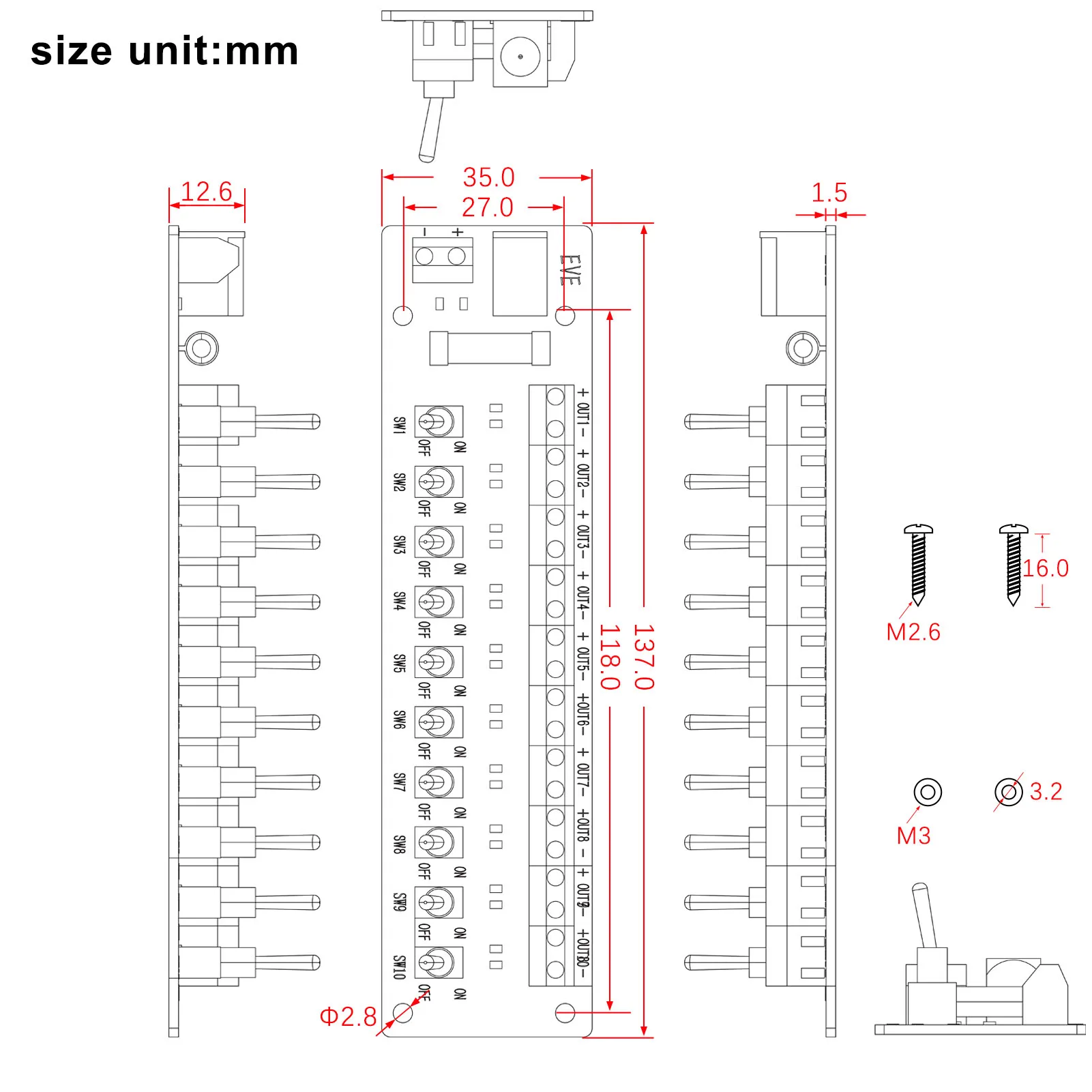 Evemodel 3V-24V DC Stromverteilungsmodul-Anschluss mit individuellem Kippschalter PCB019 – Detail 15