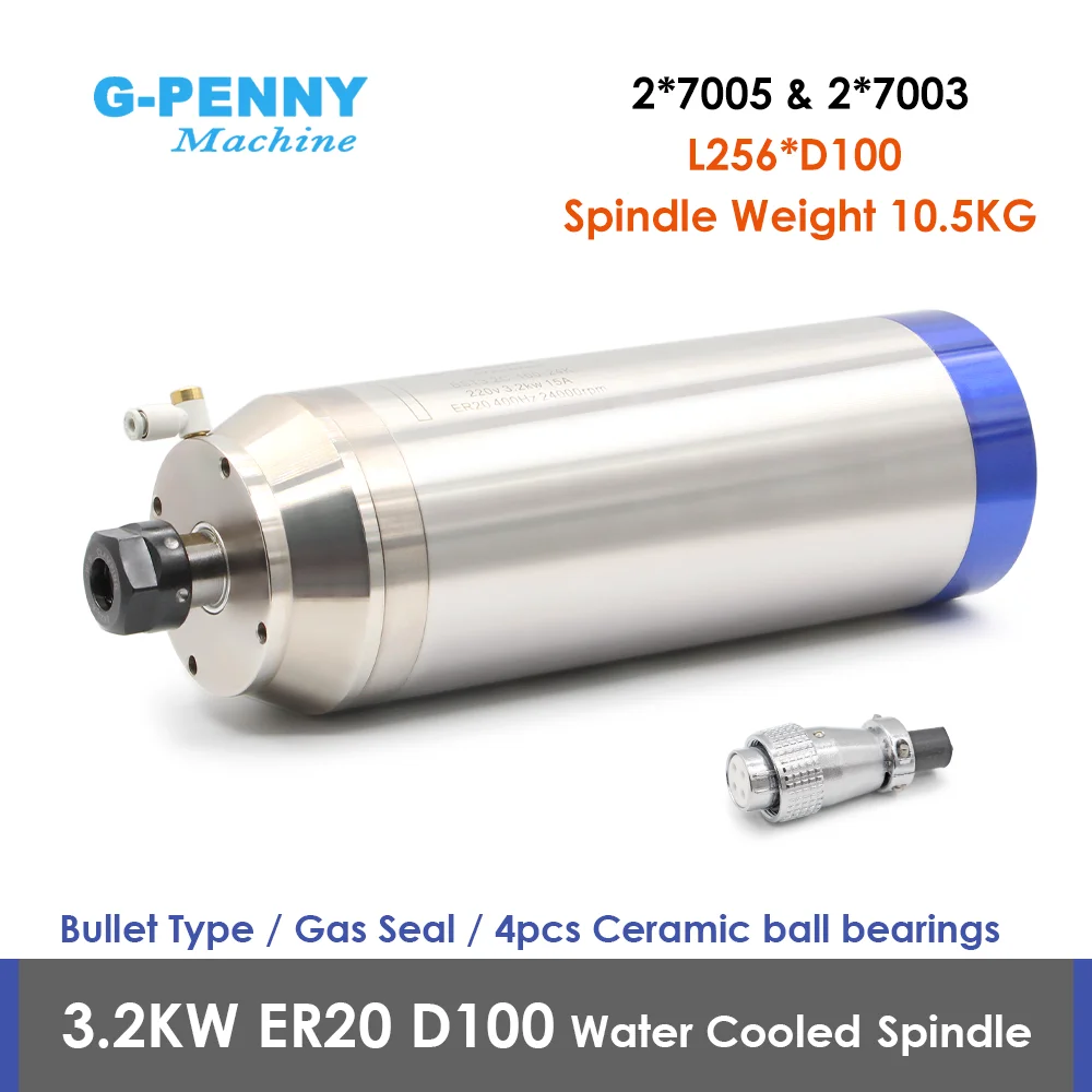 G-Penny 3,2 kW ER20 Granitbearbeitungsspindelmotor mit Wasserkühlung, Gasdüse, Kugelform, 220 V / 380 V, 4 Stück Keramikkugellager