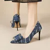 New2024 Blue Denim Women Pumps Sequins Bowknot Decor Thin High Heels Shoes Black Leather Formal Party Stilettos Chaussure Femmes 1