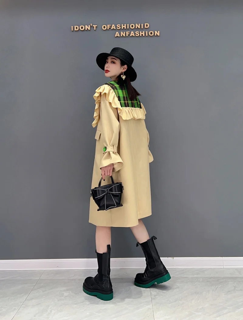 long duvet coat Vefadisa 2022 Spring Autumn The New Large Size Windbreaker Fashion Mid-length Doll Collar Double Breasted Coat Yellow LHX119 long down puffer coat