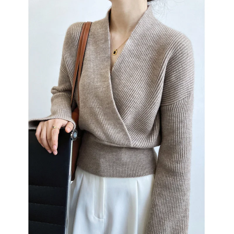 Autumn Winter Cross V-neck Wrap Short Knit Sweater Women Short High Waist Long Sleeve Solid Color Tops