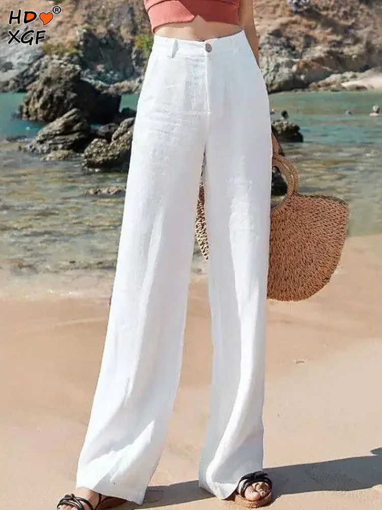 

Casual High Waist Cotton Linen Wide Leg Beach Pants Summer Bohemian Loose Pants Female Retro Solid Color Straight Trousers Women