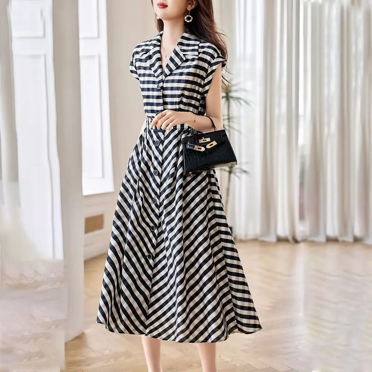 ★韓国人気★I AM MARI★STRIPE SHIRT DRESS 2024 Summer New Women Korean Short Sleeve A-line Dress