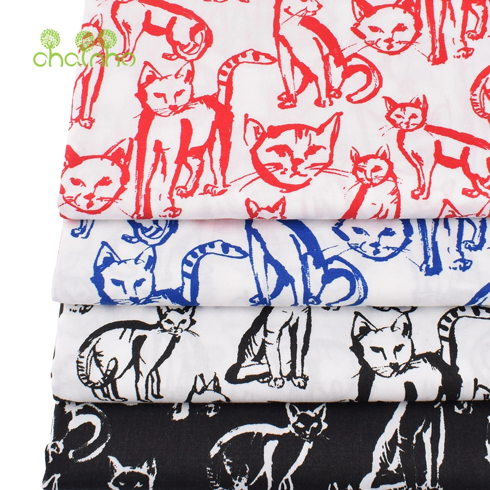 Chainho,Printed Twill Weave Cotton Fabric,DIY Sewing Quilting Material,Patchwork Cloth,6 Designs Cats Series,2 Sizes,15C328