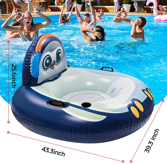 Inflatable Pool Float Lounger with Backrest Penguin Owl Swimming Ring River Run Pool Tube with Mesh Bottom Handles Drink Holder 4
