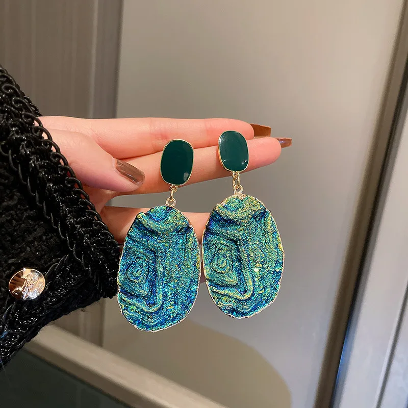 Minar Vintage 4 Styles Green Blue Color Metallic Drop Earrings for Women Female Glitter Pleated Irregular Long Dangle Earrings - Image 2