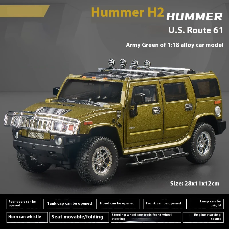 Large 1:18 Hummer H2 Alloy Off Road Car Diecast Metal Model Sound