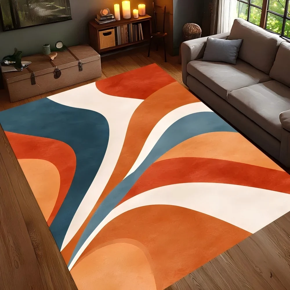Килим із вигнутим абстрактним візерунком Vikama - Помаранчевий і синій - Килим у середньовічному сучасному стилі - Барвисті геометричні візерунки - Floor De