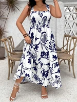 Plus Size 2025 Summer New Holiday Floral Halter Dress with Ruffle Hem and Gathered Bust Plus Size Dress Polyester