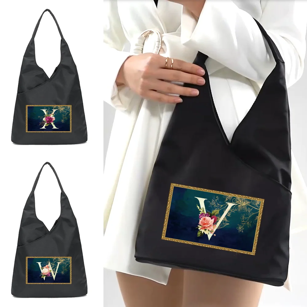 

New Fashion Women Eco-friendly Reusable Storage Bag Underarm Bags Handbag Flower Letter Series Printing Pattern Shoulder Bag