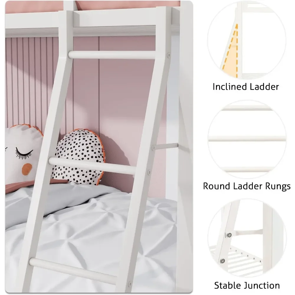 Twin Over Twin Metal Bunk Bed for Juniors, Industrial Bunk Beds Frame with Inclined Stairs & Full-Length Guardrail