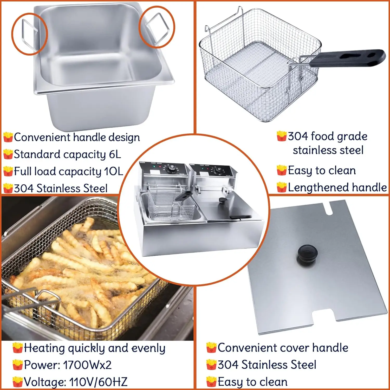 Commercial Deep Fryer with Basket, 3400W 12.7QT/12L, Detachable Large Capacity Stainless Steel Countertop Electric Oil Fryer wit