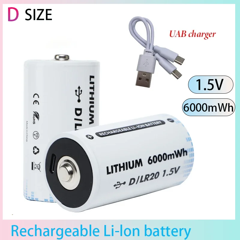 

New LR20 D Size Battery 1.5V Rechargeable Li-Ion Battery USB Type-C for Drone Accessories Remote Control Camera Gas Stove