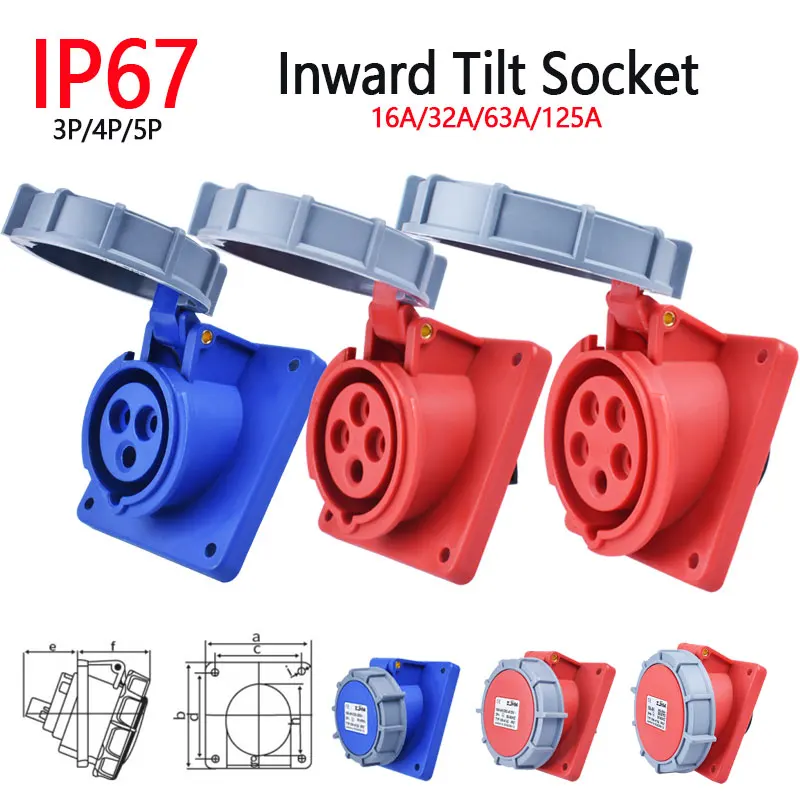 Prova de Explosão à Prova Dip67 Água Industrial Plug And Socket 16a 32a 63a 125ainward Tilt Socket Panel Montado 220v 380v 415v Ip67 à