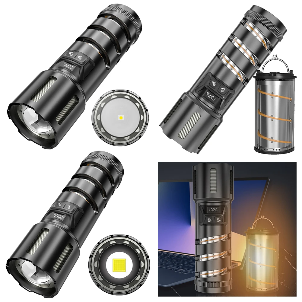 High Power LED Flashlight USB Rechargeable IPX4 Waterproof Portable Torch Light Zoomable Digital Display Powerful LED Flashlight