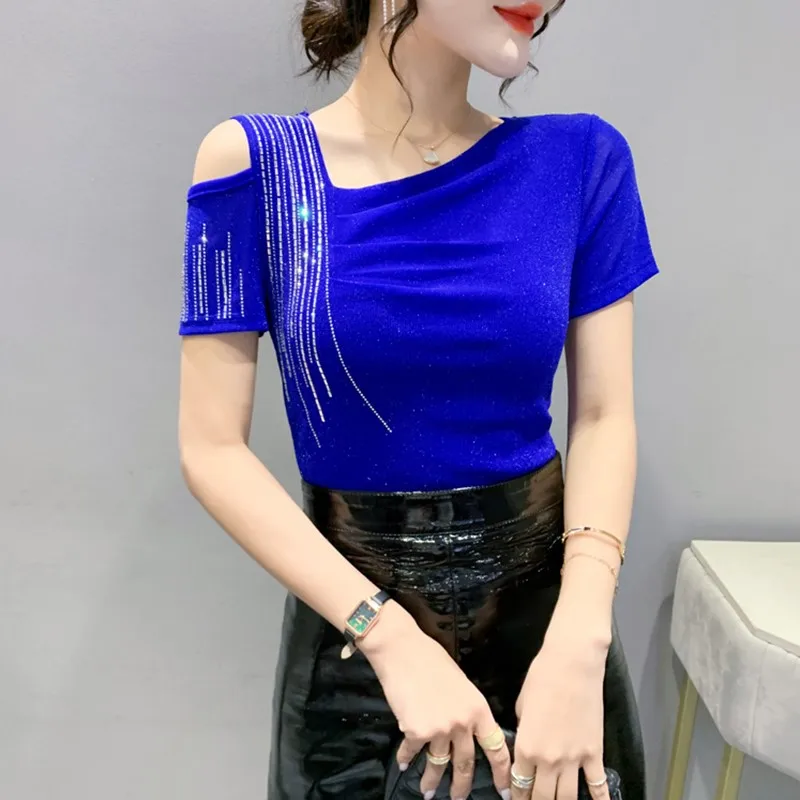 Sexy oulder Bared T irt Women's ort Sve Faionable Glittering Drill Upper Body Me Small irt Trendy Summer Wear