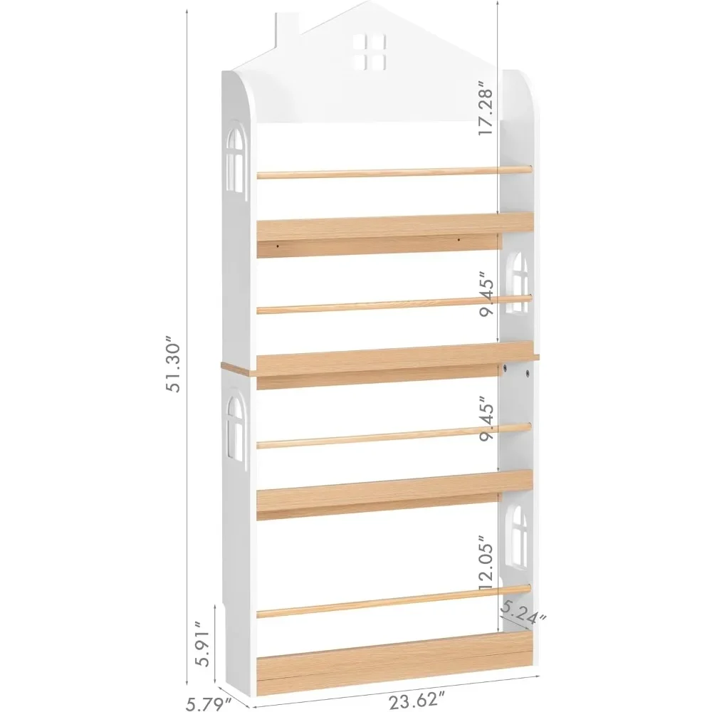 Kids Bookshelf Wall Mounted, 4-Tier Book Shelf Organizer, Tall Wooden Children's Bookcase, Storage Book Rack for Kids Room