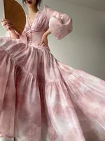 فستان IEQJ فرنسي أنيق بطباعة الزهور للنساء بياقة على شكل v بأكمام طويلة وخصر مرتفع بتصميم متأرجح للأميرة 3WQ6777 1