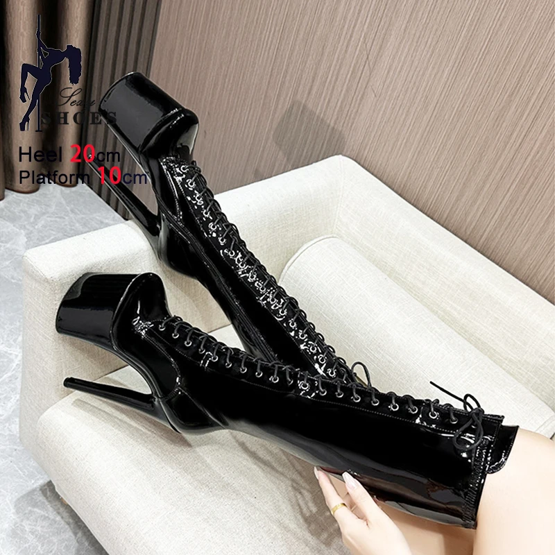 20CM Ultra high heels Knee High Boots For Women's Platform Side Zipper Lacce-up Sexy Pole Dance Shoes Autumn Winter Long Boots