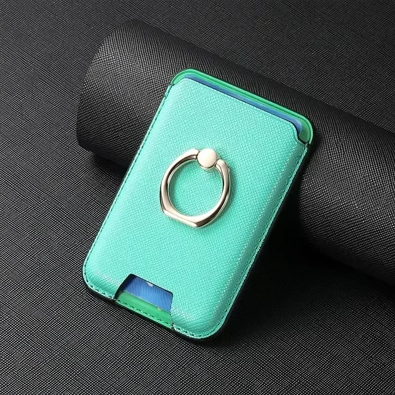 Leather Magnetic Card Holder Wallet with Finger Ring Stand