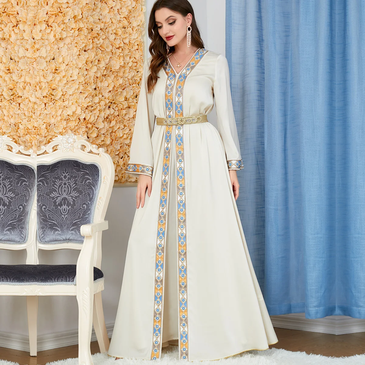 

Abaya for Women's Arab Dubai Elegant Long Dress Split V-neck Kaftan Long Sleeve Two Piece Dress Turkish Islam Female Clothing