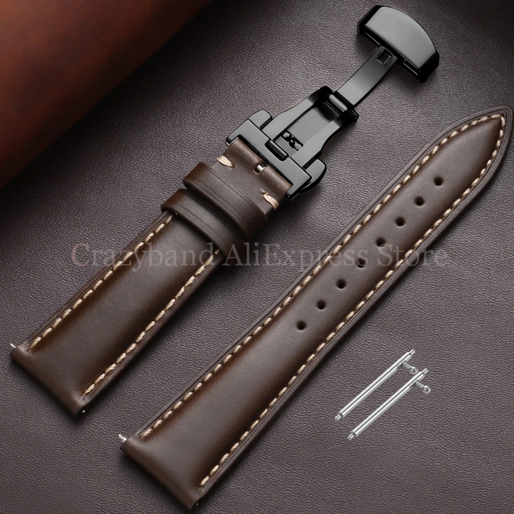 Premium Oil Wax Discoloration Calf Leather Watch Strap with Butterfly Buckle