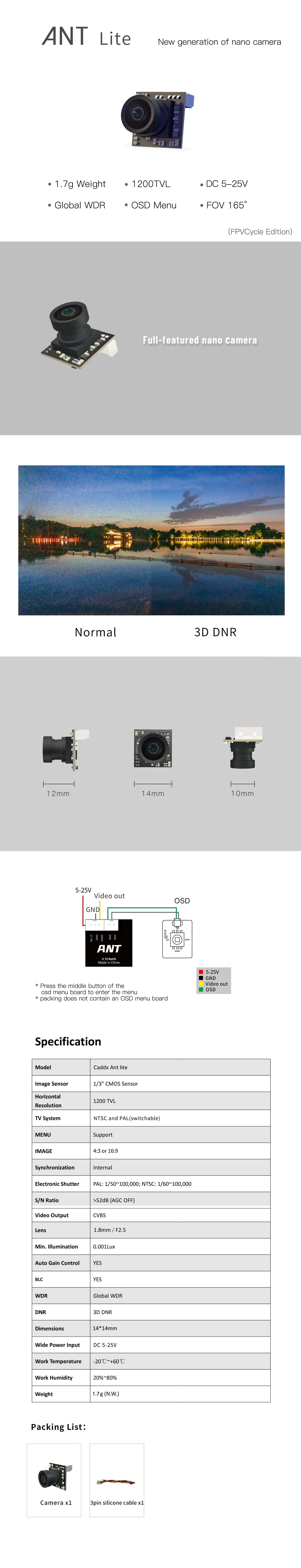 Caddx Ant Lite/Ant 1200 TVL1.8mm Lens 2g Ultra Light WDR PAL/NTSC Micro FPV Camera 4:3/16:9 For RC FPV Tinywhoop Drone