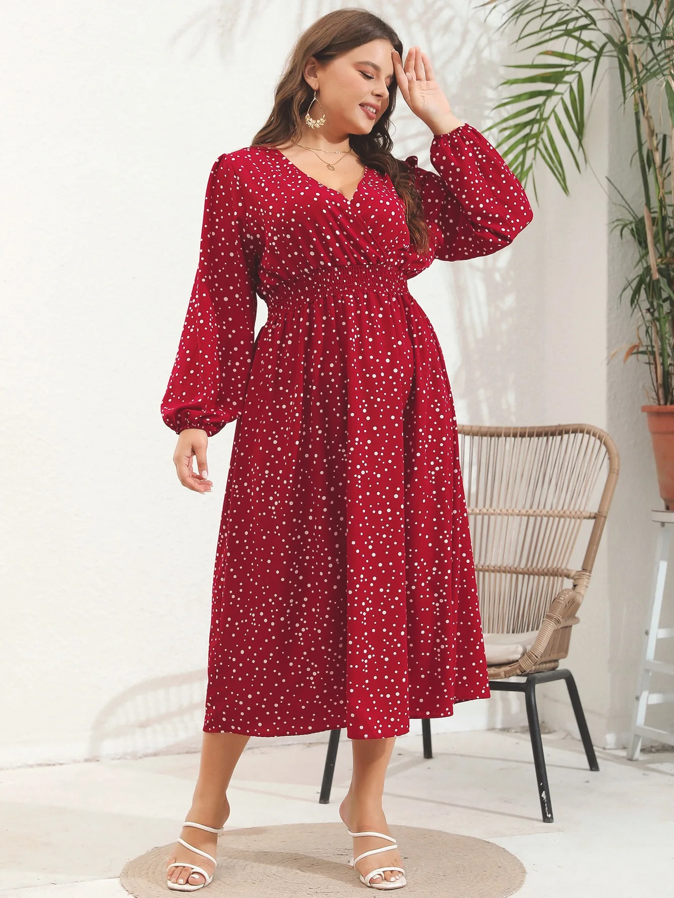 

KikiMix Elegant Party Red Black Dresses V Neck Lantern Sleeve Bodycon Dress Birthday Evening Occasion 4XL Dot Mermaid Outfits