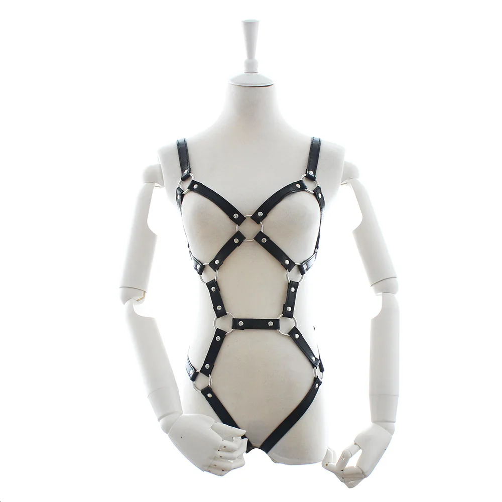 Arnés corporal de cuero PU para juegos de adultos para mujeres, fetiche, esclavitud, ataduras, cinturón de castidad con pechos expuestos_voghion.com