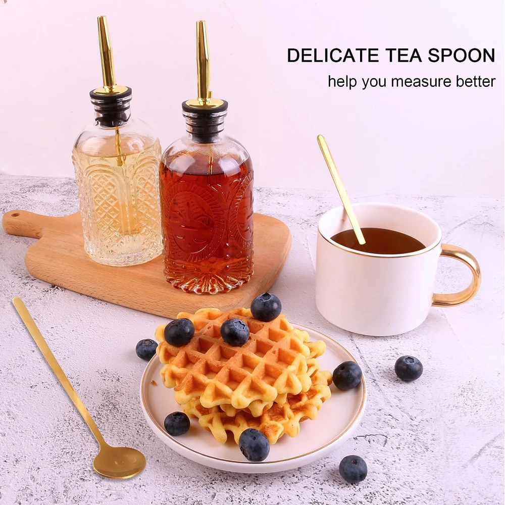 Coffee Syrup Dispenser, Glass Syrup Dispenser Simple Syrup Bottles 4 Pack 7oz with Metal Pour Spouts, Stopper Corks, Tea Spoons 2