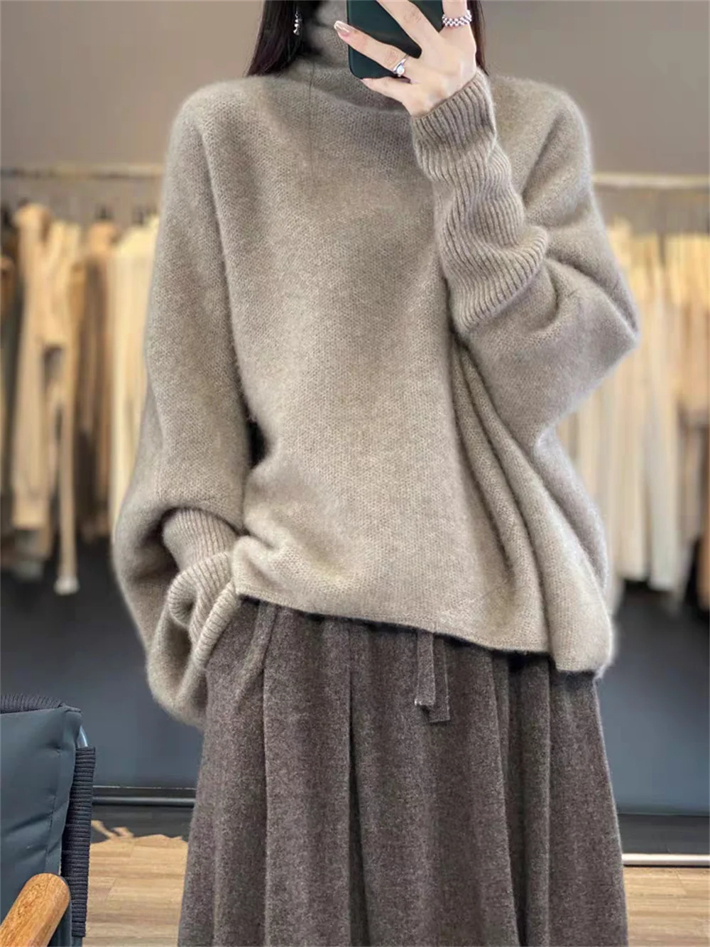

High end Fashion 100 Pure Cashmere Sweater Women's High Neck Loose Lazy Sweater Autumn/Winter Wool Knitted Batshirt