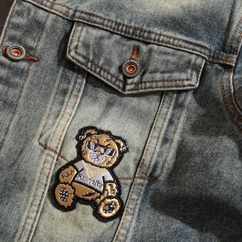 Bear Embroidery Machine Car Style Fashion Korean Style Men's Denim Jacket Retro Street Washed Do the Old Cowboy Coat Men's Top
