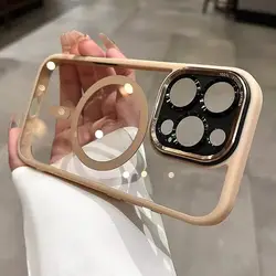 Luxury Magnetic Metal Lens Bumper Protection Case with Wireless Charging Capability - Hard Clear Cover for iPhone 17 Pro (Desert gold)