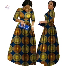 

2021 African Bazin Dresses For Women Ankara Long Sleeves Dresses For Women In African Clothing o-neck maxi print wear WY516