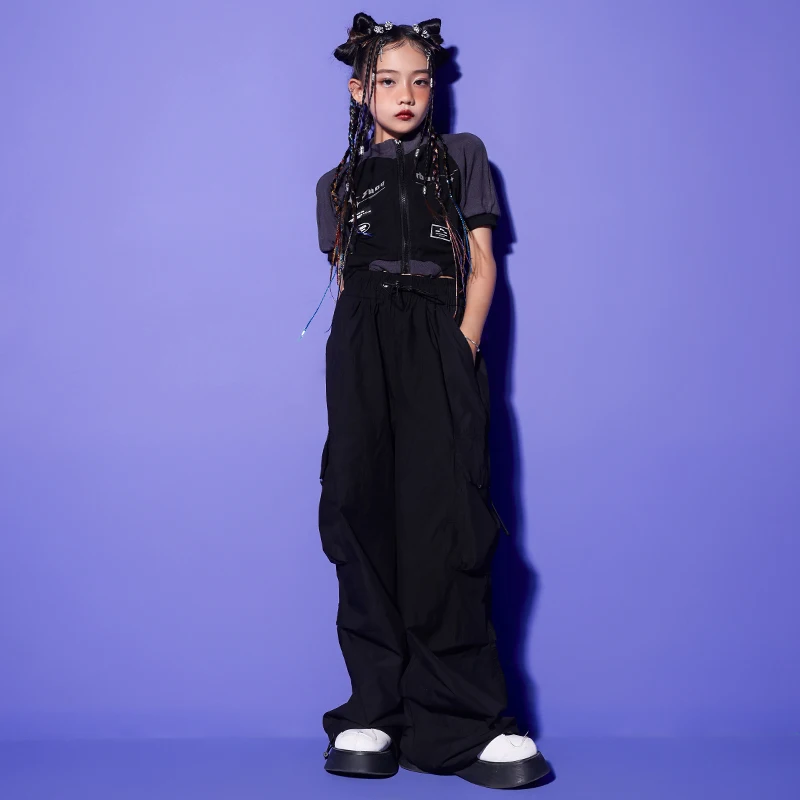 

Детская танцевальная одежда Kpop, укороченная футболка, Топы, черные повседневные брюки-карго в стиле хип-хоп для девочек, костюм для джазовых танцев, одежда