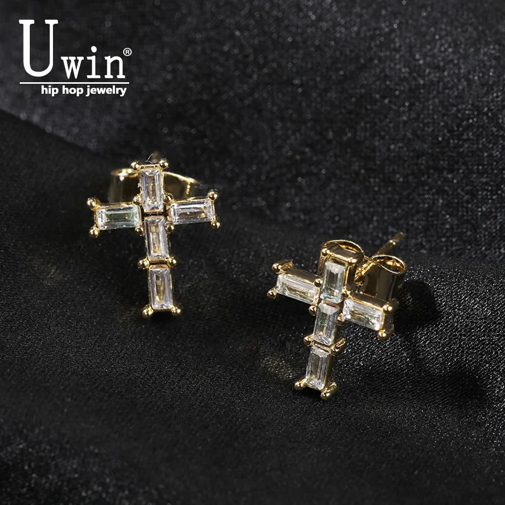 

Uwin Baguette Cross CZ Stone Round Stud With Screw Back Stud For Women Fashion Charm Jewelry