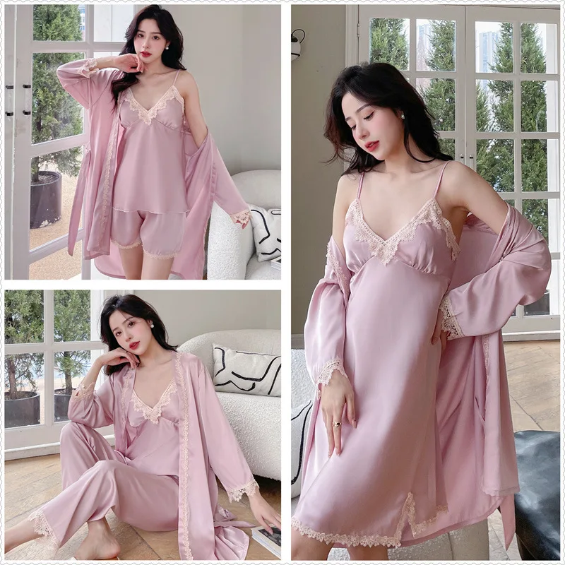 

Pink 5Pcs Pajamas Suit Women Summer Sleepwear Lace Patchwork Pyjamas Pour Femme Loungewear Cami Nightgown Kimono Bathrobe Gown