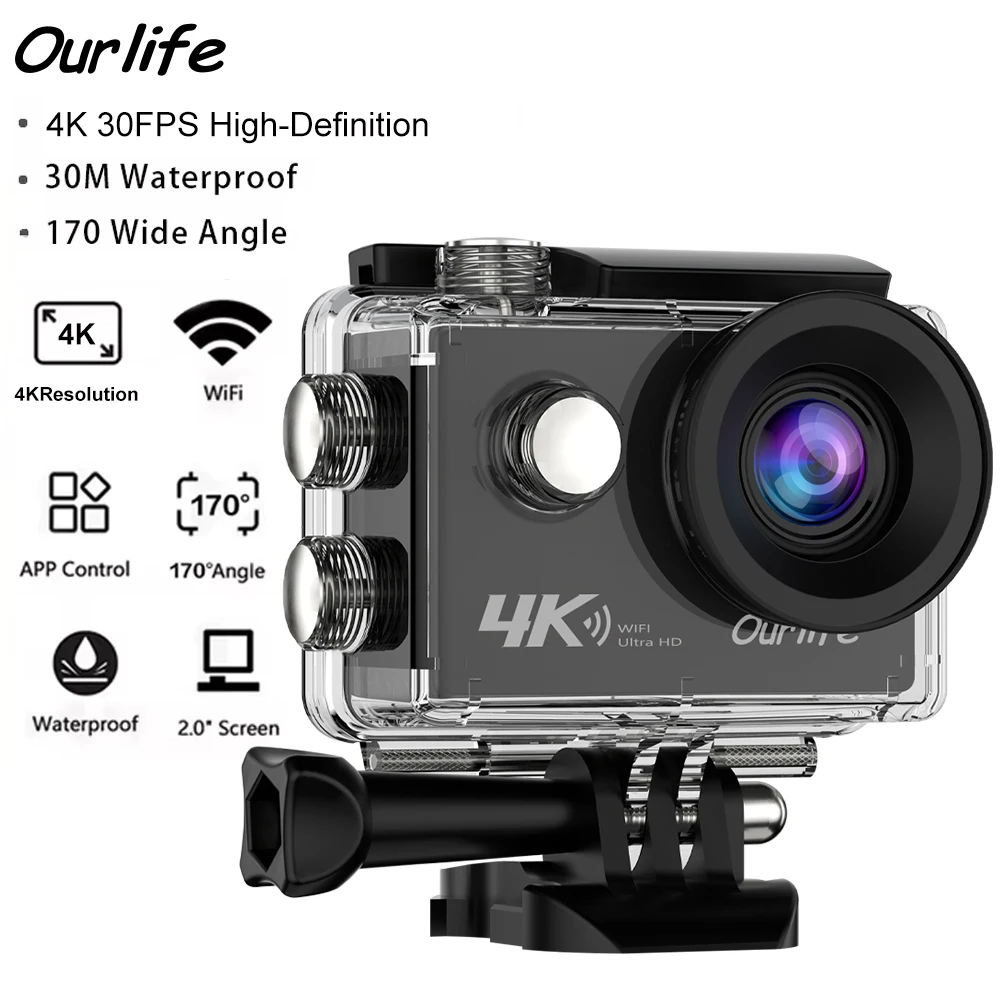 Ourlife 4K Action Camera Ultra HD 16MP WiFi 2.0 inch Screen 170D DVR Webcam Underwater 30M Helmet Video Recording Sport Camera