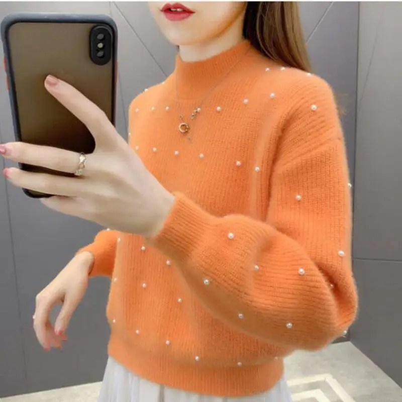 

2023 Women Autumn Winter New Short Mink Velvet Pullovers Female Long Sleeve Knitted Tops Ladies Sweater Solid Color Jumpers E442