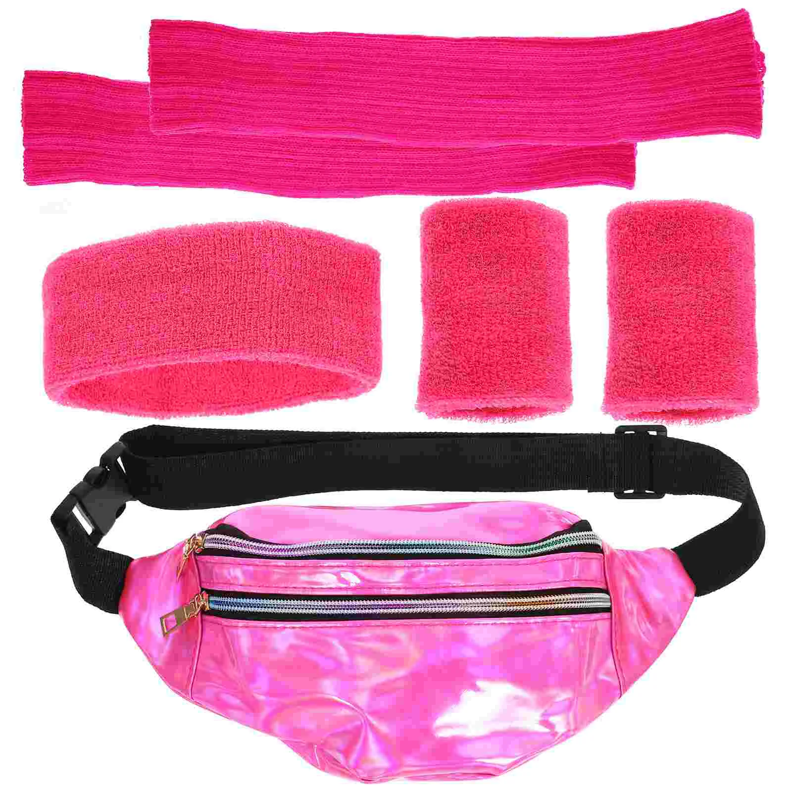 Retro 80S Women Costume Accessories Set Neon Fanny Pack Leg Warmers Headband Sweat Bands Sports Headwear Pu Arm Band